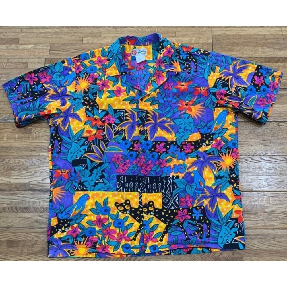 VTG Hilo Hatties Hawaiian Shirt Men XL Tropical Leopard Hipster Retro Y2K